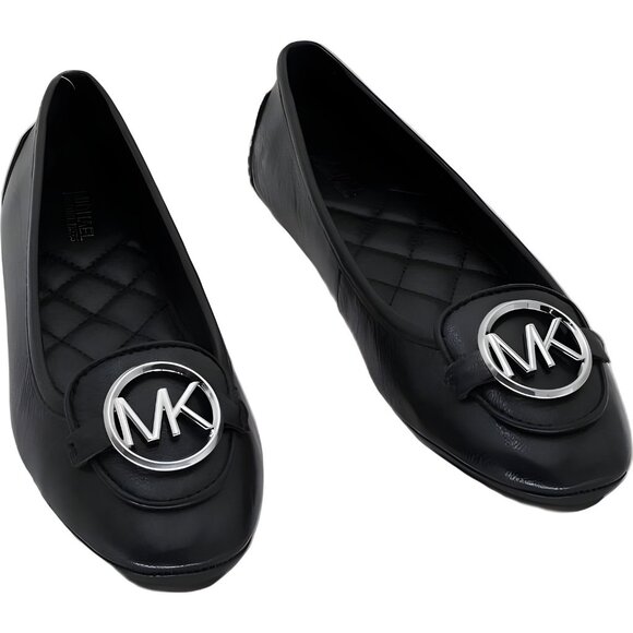 Michael Kors Lillie Moccasin Flats Black Leather MK Logo Buckle Women 6M - Picture 1 of 6
